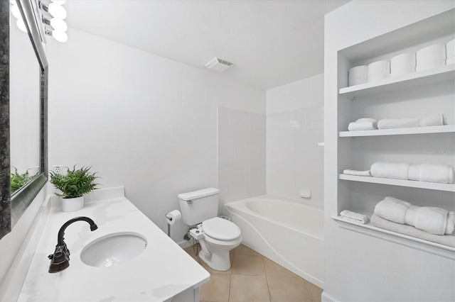 full bathroom with toilet, tile patterned flooring, vanity, and bathing tub / shower combination