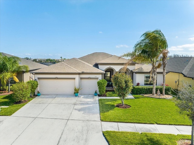 view of front of home with a front yard and a garage