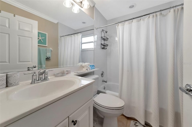 full bathroom featuring toilet, shower / tub combo, vanity, and ornamental molding