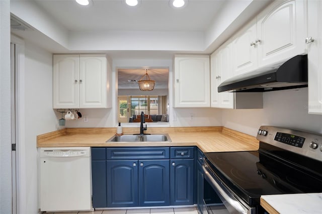 kitchen with stainless steel electric stove, blue cabinetry, white dishwasher, white cabinets, and sink