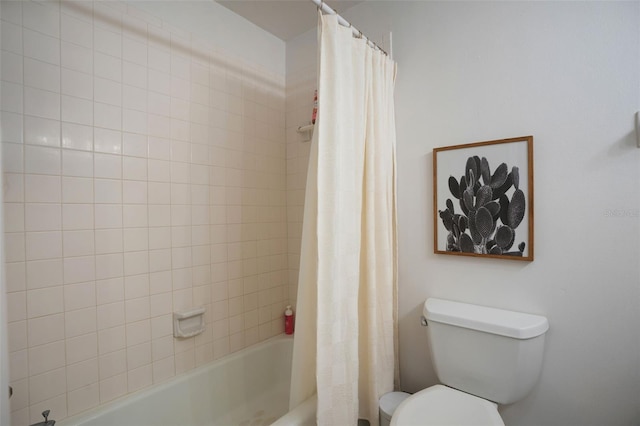 bathroom with shower / bathtub combination with curtain and toilet