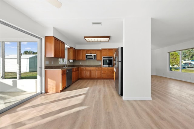 kitchen featuring sink, a wealth of natural light, light hardwood / wood-style floors, and appliances with stainless steel finishes