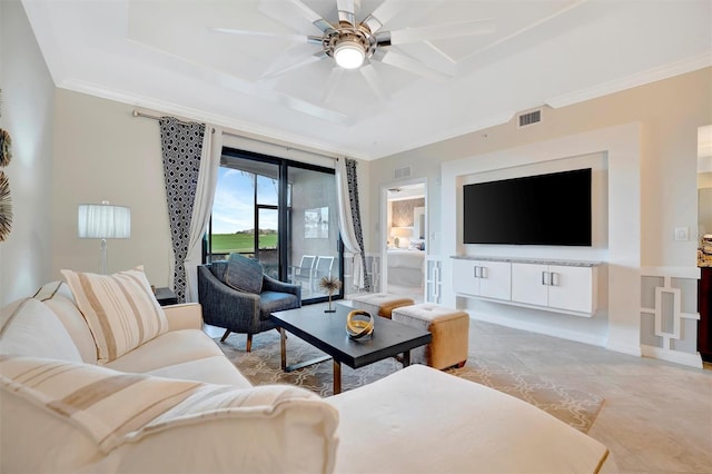 tiled living room featuring ceiling fan, coffered ceiling, and ornamental molding