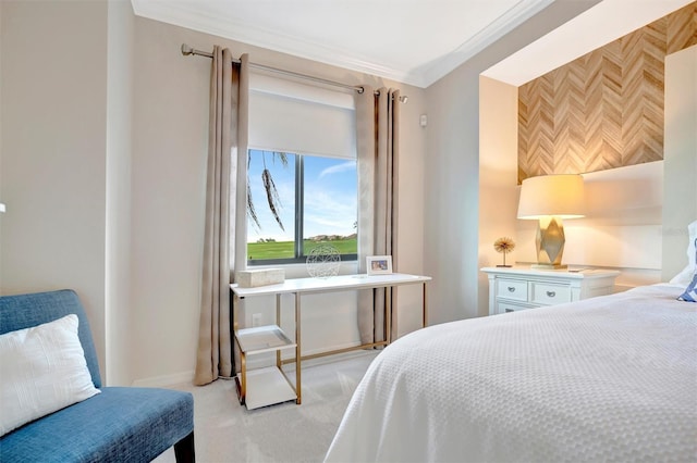 bedroom featuring light colored carpet and crown molding