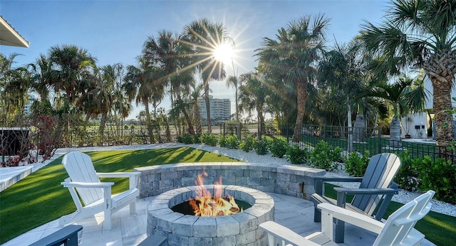 view of patio / terrace featuring a fire pit