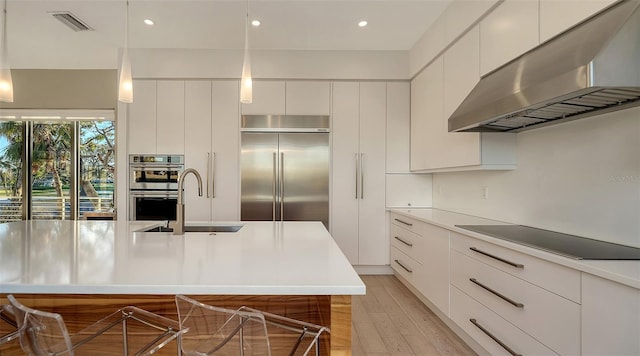 kitchen featuring visible vents, modern cabinets, appliances with stainless steel finishes, under cabinet range hood, and a sink