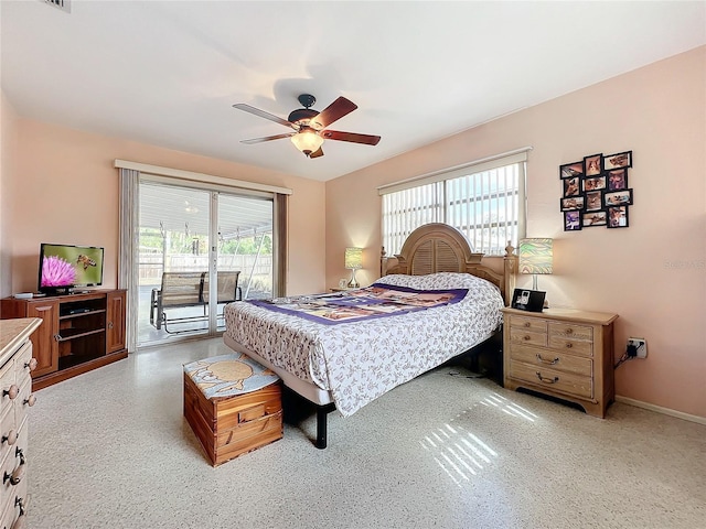 bedroom featuring ceiling fan and access to exterior