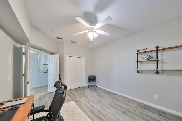 office area featuring ceiling fan and light hardwood / wood-style floors