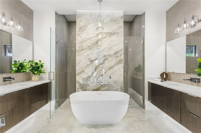 bathroom with tile walls and independent shower and bath