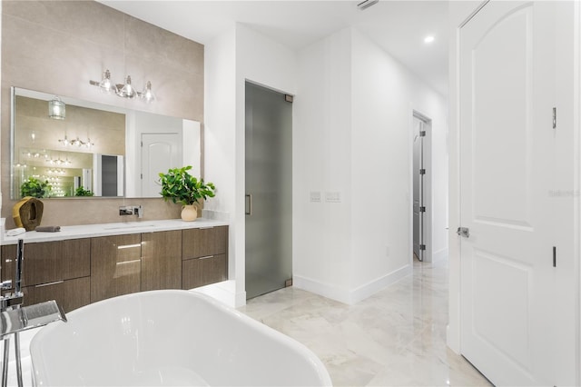 bathroom featuring plus walk in shower and vanity