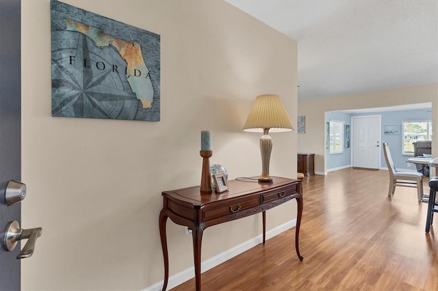 hall with baseboards and wood finished floors