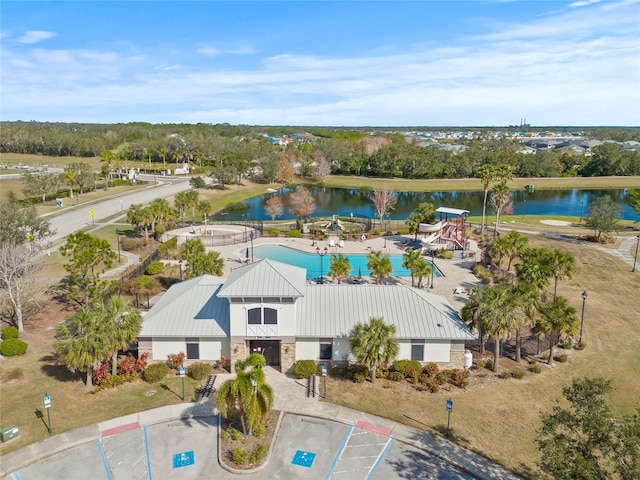 drone / aerial view with a water view