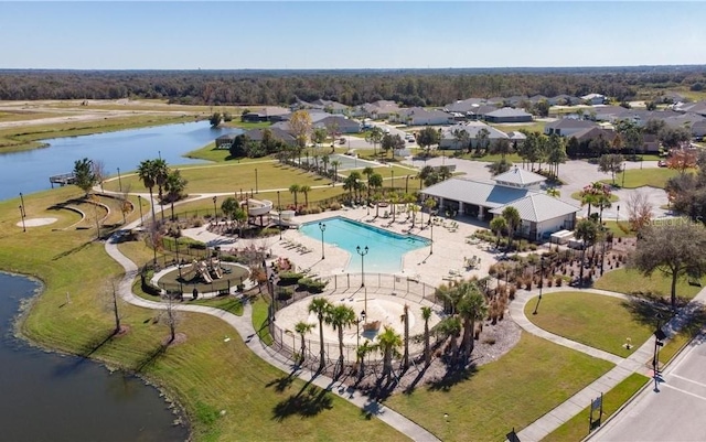 drone / aerial view with a water view