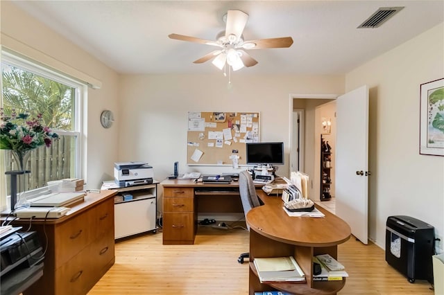 home office with ceiling fan and light hardwood / wood-style floors