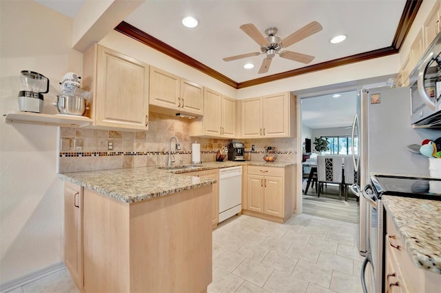 kitchen featuring appliances with stainless steel finishes, light brown cabinetry, light stone counters, and sink