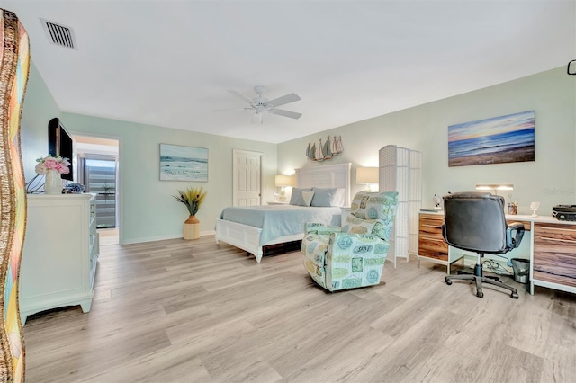 bedroom with ceiling fan and light hardwood / wood-style flooring