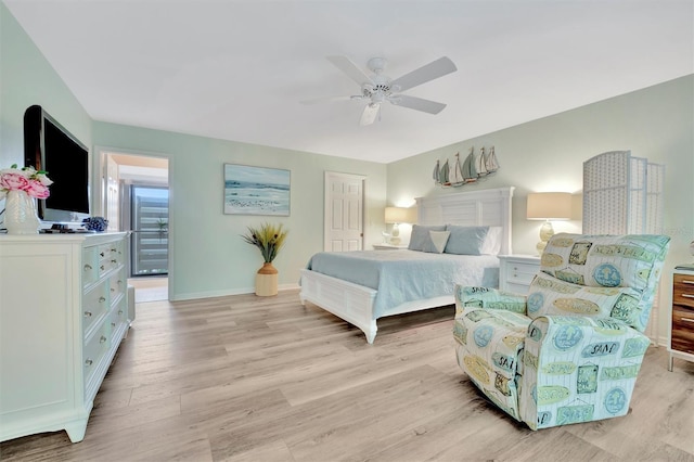 bedroom featuring ceiling fan and light hardwood / wood-style flooring