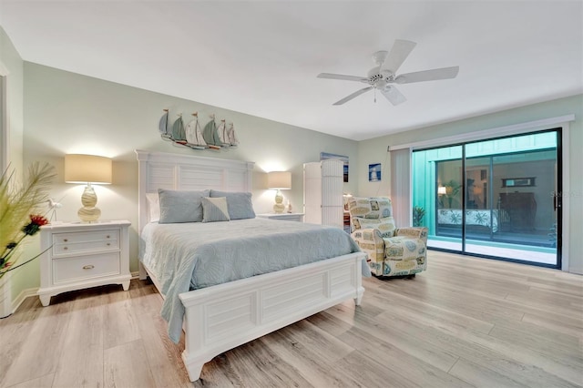 bedroom with light wood-type flooring, ceiling fan, and access to exterior