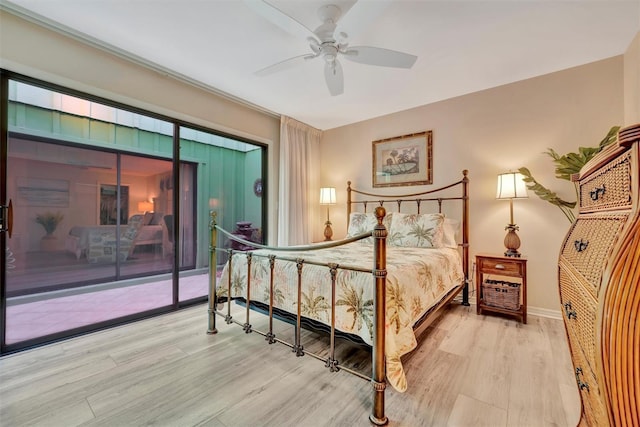 bedroom with ceiling fan, access to exterior, and light hardwood / wood-style floors