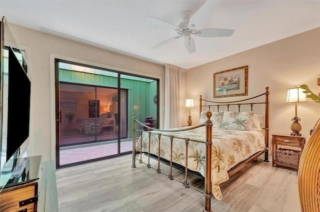 bedroom featuring ceiling fan, access to exterior, and light wood-type flooring