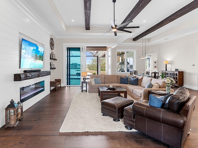 living room featuring dark hardwood / wood-style flooring, beamed ceiling, ceiling fan with notable chandelier, and ornamental molding