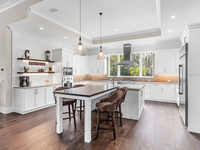 kitchen featuring a raised ceiling, white cabinets, island range hood, and a center island