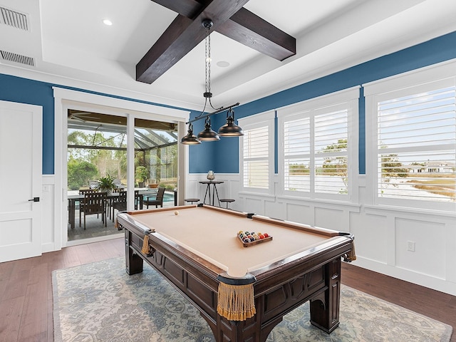 game room featuring a healthy amount of sunlight, wood-type flooring, billiards, and beamed ceiling