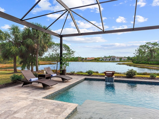 view of swimming pool featuring a lanai, a water view, and a patio