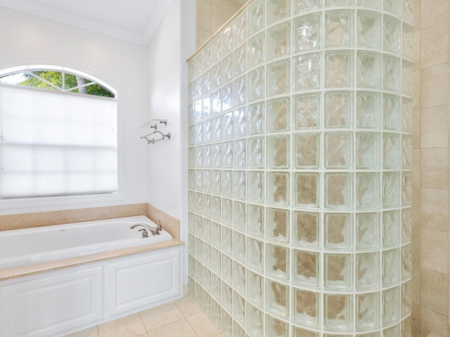 bathroom featuring a shower, tile patterned floors, and crown molding