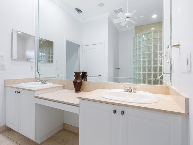 bathroom with ceiling fan, vanity, ornamental molding, and tile patterned flooring