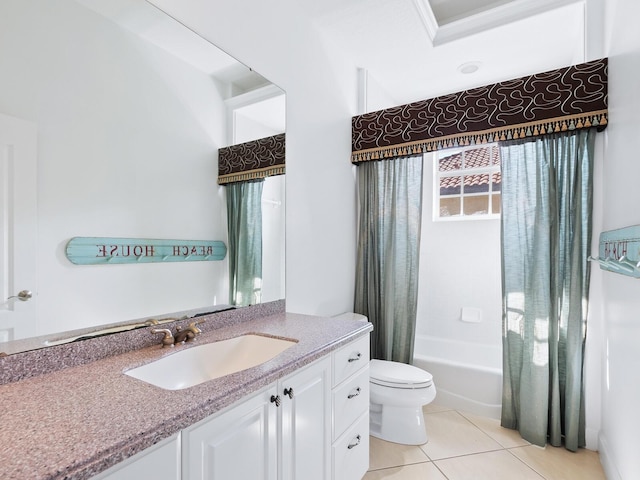 full bathroom with tile patterned floors, toilet, shower / bath combo, and vanity