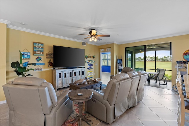 living room with ceiling fan, light tile patterned flooring, and crown molding