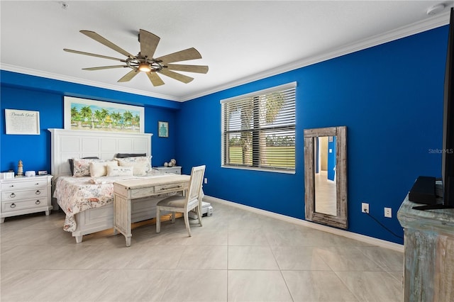 bedroom with ceiling fan, crown molding, and light tile patterned flooring