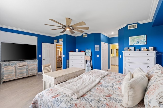 bedroom with ceiling fan, ensuite bathroom, a closet, and ornamental molding