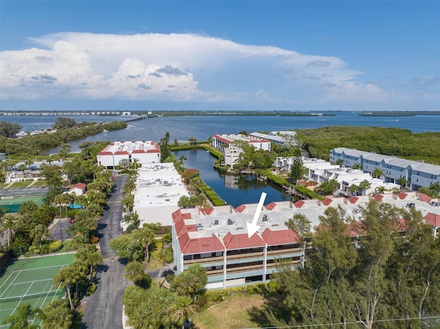 aerial view featuring a water view