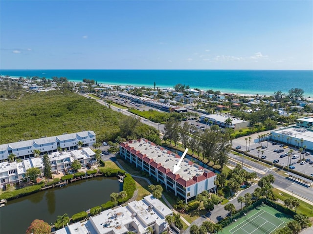 aerial view featuring a water view