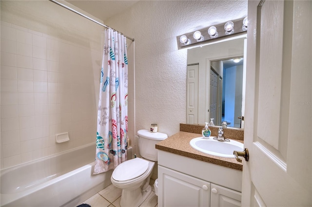 full bathroom featuring tile patterned flooring, toilet, vanity, and shower / tub combo with curtain