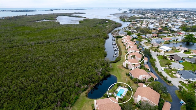 bird's eye view with a water view