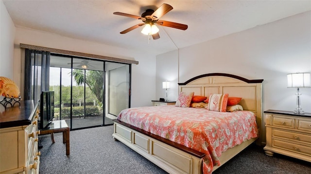 carpeted bedroom with ceiling fan and access to exterior