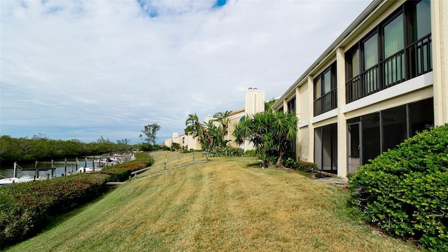 view of yard with a water view