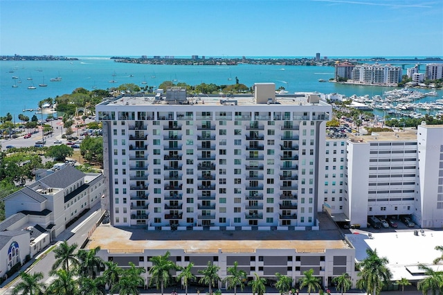 drone / aerial view featuring a water view