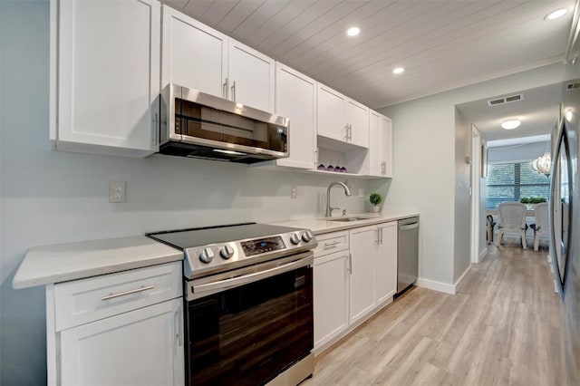 kitchen with appliances with stainless steel finishes, white cabinetry, sink, wooden ceiling, and light hardwood / wood-style flooring