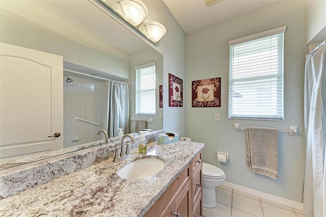 bathroom with walk in shower, tile patterned flooring, vanity, and toilet