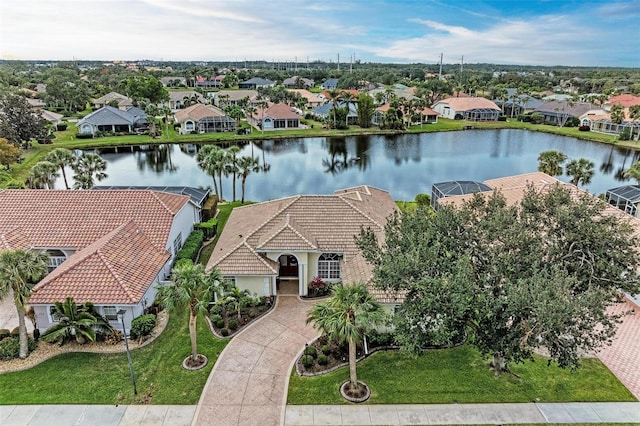 drone / aerial view featuring a water view