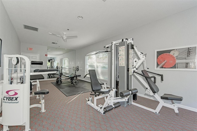 exercise room featuring ceiling fan