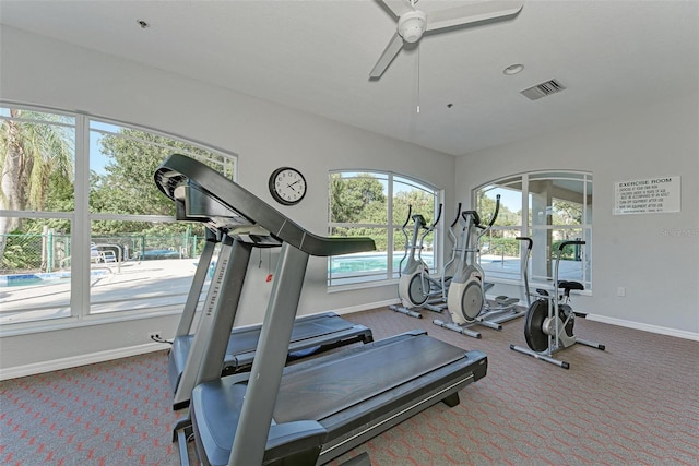 exercise room featuring carpet floors, ceiling fan, and a wealth of natural light