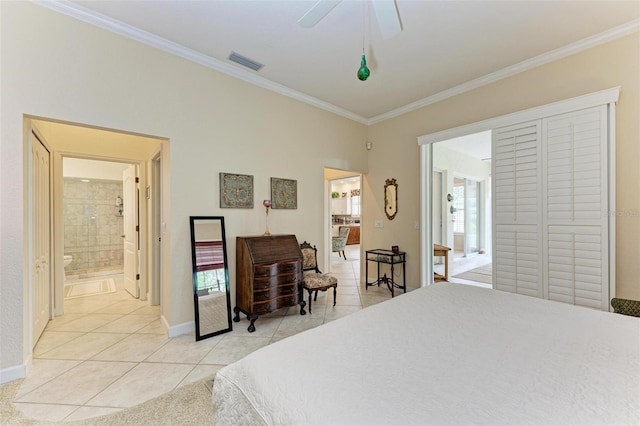 tiled bedroom featuring ceiling fan, connected bathroom, and crown molding