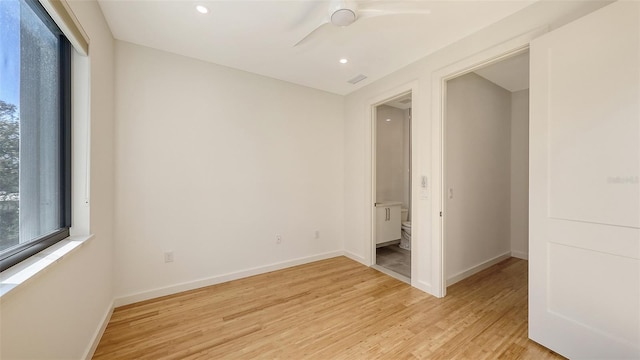 unfurnished room with baseboards, recessed lighting, a ceiling fan, and light wood-style floors