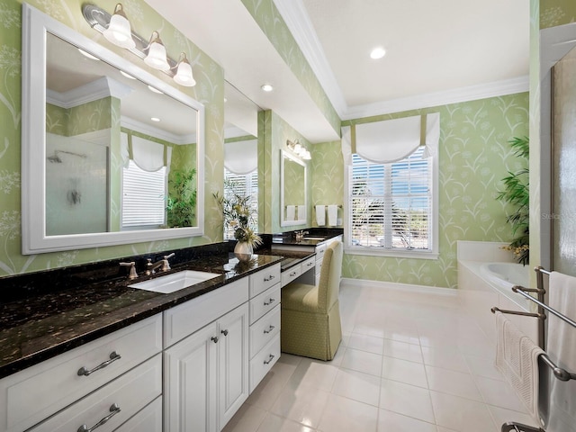 bathroom with ornamental molding, shower with separate bathtub, tile patterned flooring, and vanity