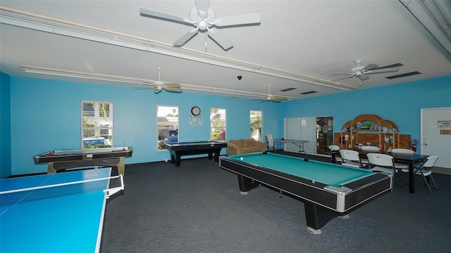 recreation room with pool table and dark colored carpet